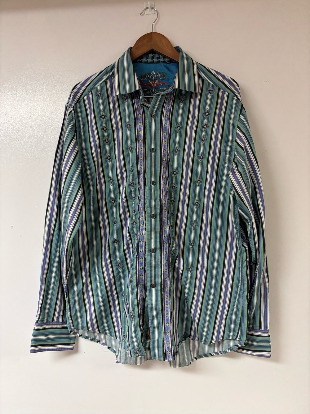 Robert Graham Striped Green & Blue Long-Sleeve Embroidered Button-Up Shirt XL